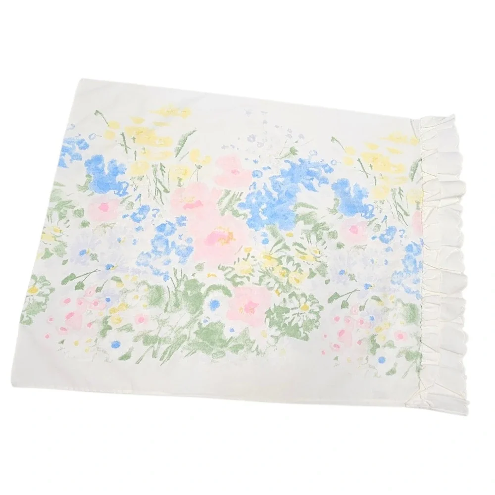Vintage Perma Prest Percale Standard Pillow Case Floral Pink Blue Yellow Ruffled